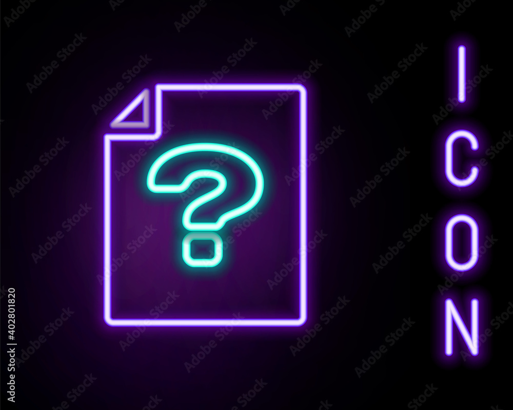 Poster glowing neon line unknown document icon isolated on black background. file with question mark. hold 