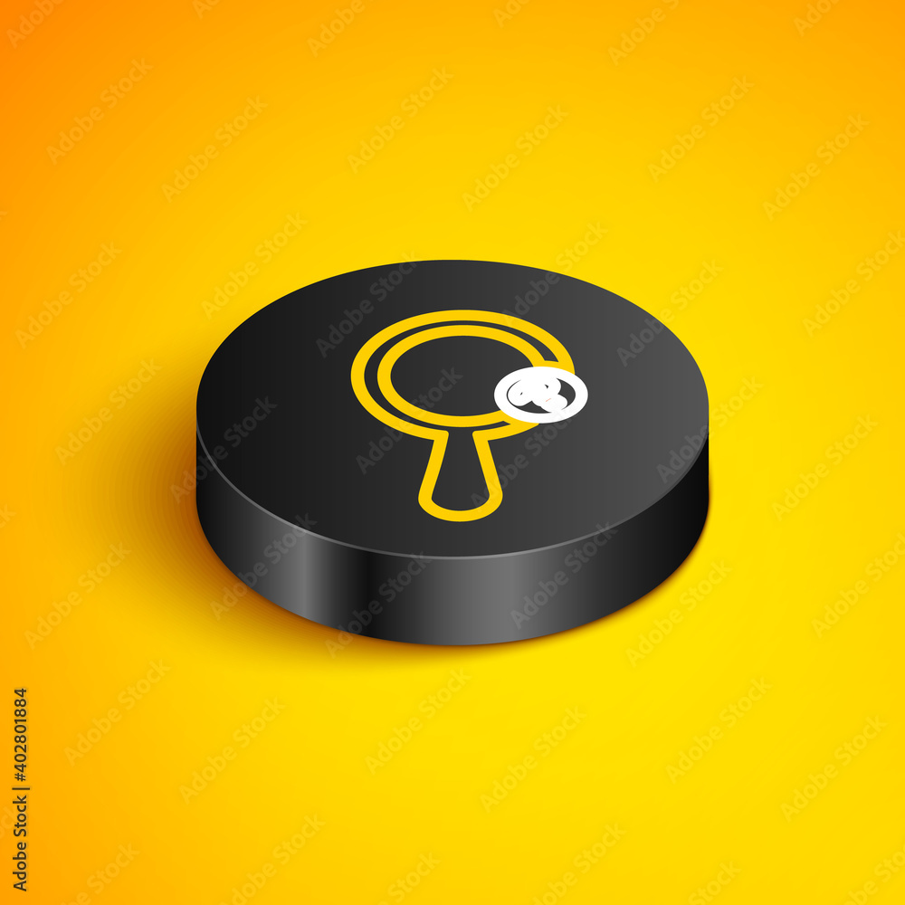 Poster isometric line unknown search icon isolated on yellow background. magnifying glass and question mark