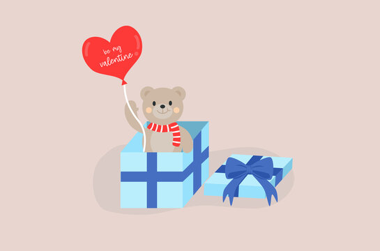 Cute teddy bear character in gift box for Valentine’s Day.