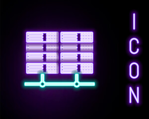 Glowing neon line Server, Data, Web Hosting icon isolated on black background. Colorful outline concept. Vector.