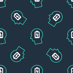 Line Male head with low battery icon isolated seamless pattern on black background. Tired man. Vector.