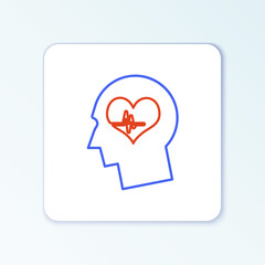 Line Male head with a heartbeat icon isolated on white background. Head with mental health, healthcare and medical sign. Colorful outline concept. Vector.