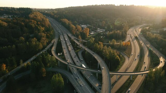 Washington State Freeway Aerial of Highway Road Interchange in Fall Season Sunset