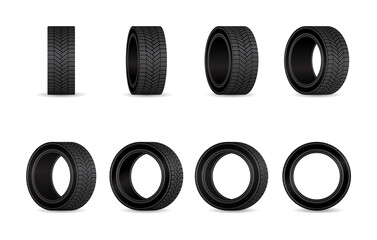 Car tires vector set. Different angles wheels isolated. - obrazy, fototapety, plakaty