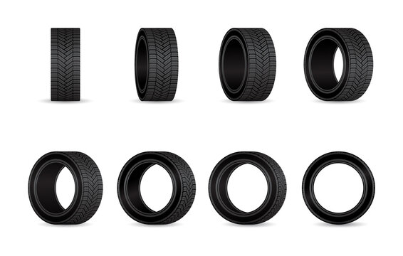 Car Tires Vector Set. Different Angles Wheels Isolated.