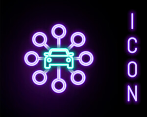 Glowing neon line Car sharing icon isolated on black background. Carsharing sign. Transport renting service concept. Colorful outline concept. Vector.