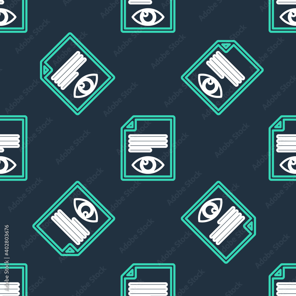 Poster line paper page with eye symbol icon isolated seamless pattern on black background. open information
