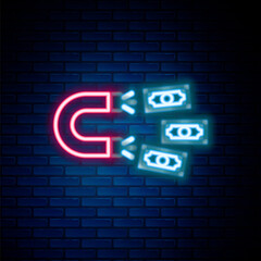 Obraz premium Glowing neon line Magnet with money icon isolated on brick wall background. Concept of attracting investments, money. Big business profit attraction and success. Colorful outline concept. Vector.