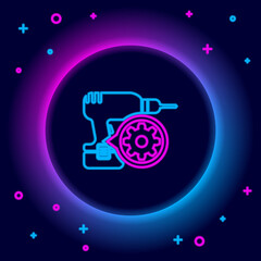 Glowing neon line Drill machine and gear icon isolated on black background. Adjusting app, service concept, setting options, maintenance, repair, fixing. Colorful outline concept. Vector.