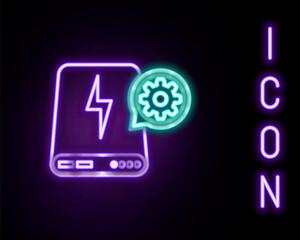 Glowing neon line Power bank and gear icon isolated on black background. Adjusting app, service concept, setting options, maintenance, repair, fixing. Colorful outline concept. Vector.