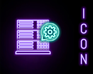 Glowing neon line Server and gear icon isolated on black background. Adjusting app, service concept, setting options, maintenance, repair, fixing. Colorful outline concept. Vector.