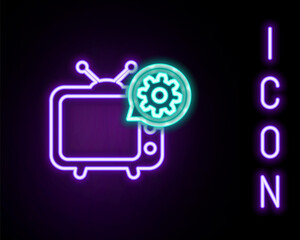 Glowing neon line Tv and gear icon isolated on black background. Television service concept. Adjusting app, setting options, maintenance, repair, fixing. Colorful outline concept. Vector.