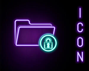 Glowing neon line Folder and lock icon isolated on black background. Closed folder and padlock. Security, safety, protection concept. Colorful outline concept. Vector.