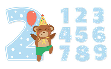 Birthday party numbers set with cute bear. Anniversary card templates for kids. Bright blue holiday illustration with funny forest character. Festive two year old design for children.