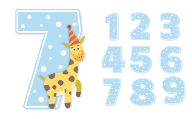 Birthday party numbers set with cute giraffe. Anniversary card templates for kids. Bright blue holiday illustration with funny tropical character. Festive seven year old design for children.