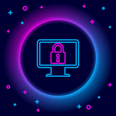 Glowing neon line Lock on computer monitor screen icon isolated on black background. Monitor and padlock. Security, safety, protection concept. Safe internetwork. Colorful outline concept. Vector.