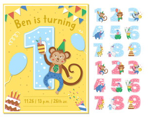 Birthday party greeting card template with cute monkey and set of numbers. Anniversary poster for kids. Bright holiday illustration with funny tropical character. Festive one year old design.