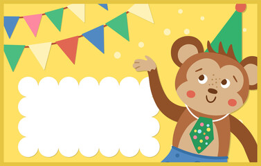 Birthday party template with cute animal. Anniversary greeting and placement card or invitation with monkey and flags on yellow background. Bright pre-made holiday event design for kids. .
