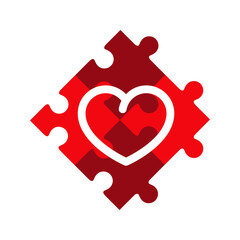 Día de San Valentín. Logotipo con corazón con lineas en color blanco sobre piezas de puzle en color rojo © teracreonte