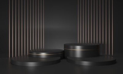 Podium for mockup template with copy space. Dark matte pedestal - an exhibition of branded products, goods. Gold glitter decor design. Luxury expensive studio - 3d render illustration. 