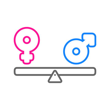 Igualdad de g&eacute;nero. Logotipo s&iacute;mbolo femenino y masculino en balanza con lineas en azul y rosa