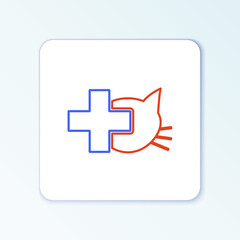 Obraz premium Line Veterinary clinic symbol icon isolated on white background. Cross with cat veterinary care. Pet First Aid sign. Colorful outline concept. Vector.