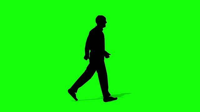 Walking silhouette senior person cartoon animation. Loop animation ( 4K video ).  green background for background transparent use.