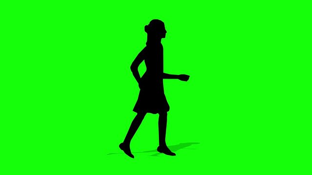 Walking silhouette woman cartoon animation. Loop animation ( 4K video ). green background for background transparent use.