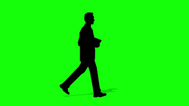 Walking silhouette business man cartoon animation. Loop animation ( 4K video ). green background for background transparent use.