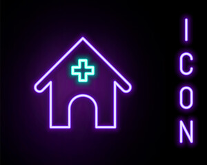 Glowing neon line Veterinary medicine hospital, clinic or pet shop for animals icon isolated on black background. Vet or veterinarian clinic. Colorful outline concept. Vector.