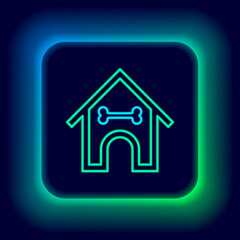Glowing neon line Dog house and bone icon isolated on black background. Dog kennel. Colorful outline concept. Vector.