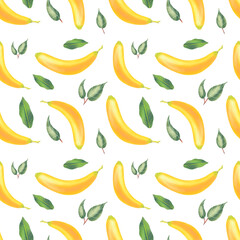 Spring seamless pattern with bananas and leaves. Botany pattern. Bananas fruit and leaves. Illustration for textile, wrapping paper, fabric, packing. Pattern on white background