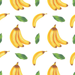Spring seamless pattern with bananas and leaves. Botany pattern. Bananas fruit and leaves. Illustration for textile, wrapping paper, fabric, packing. Pattern on white background