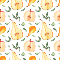 Spring seamless pattern with pears, apples and leaves. Botany pattern. Pears, apples fruit and leaves. Illustration for textile, wrapping paper, fabric, packing. Pattern on white background