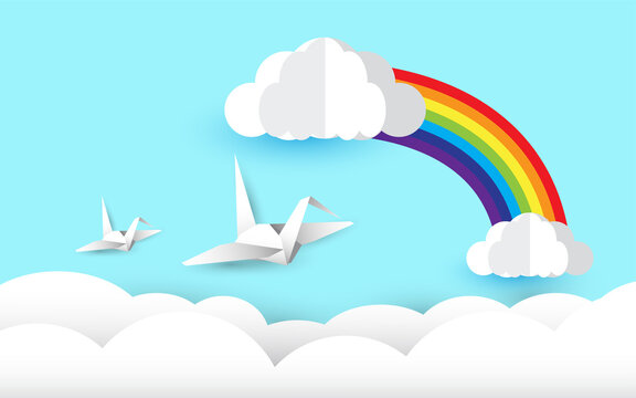  paper art style, birds in the sky, rainbow and cloud