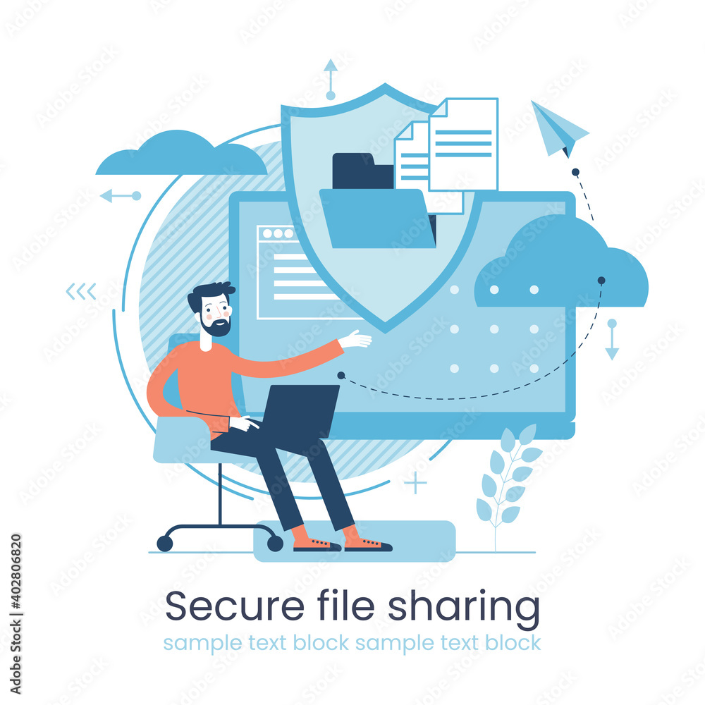 Poster secure data transmission concept. access right. safe file sharing. protected web traffic. vpn. analy