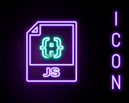 Glowing neon line JS file document. Download js button icon isolated on black background. JS file symbol. Colorful outline concept. Vector.