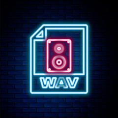Glowing neon line WAV file document. Download wav button icon isolated on brick wall background. WAV waveform audio file format for digital audio riff files. Colorful outline concept. Vector.