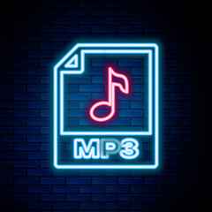 Glowing neon line MP3 file document. Download mp3 button icon isolated on brick wall background. Mp3 music format sign. MP3 file symbol. Colorful outline concept. Vector.