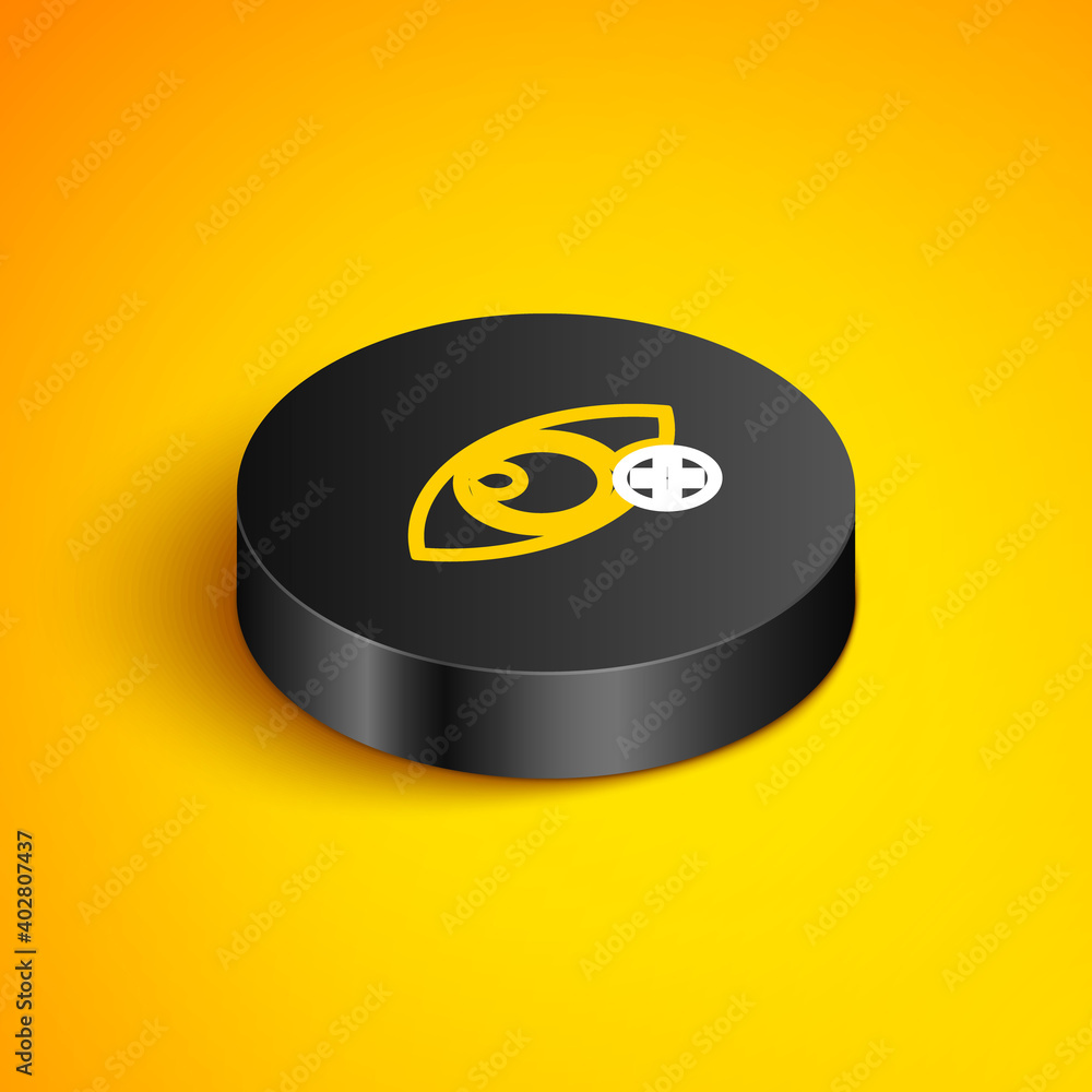 Poster isometric line invisible or hide icon isolated on yellow background. black circle button. vector.