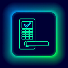 Glowing neon line Digital door lock with wireless technology for unlock icon isolated on black background. Door handle sign. Security smart home. Colorful outline concept. Vector.