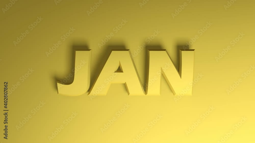 Poster the write jan staying for january yellow write passing from right to left on yellow background - 3d 