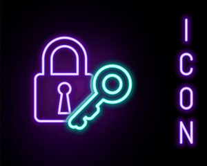 Glowing neon line Lock and key icon isolated on black background. Padlock sign. Security, safety, protection, privacy concept. Colorful outline concept. Vector.