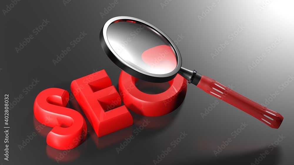 Poster seo red write on black surface, with magnifier passing over it - 3d rendering illustration