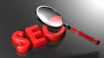 SEO red write on black surface, with magnifier passing over it - 3D rendering illustration