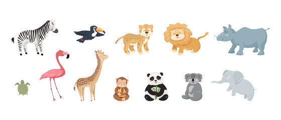 Set of cute wild baby animals and birds. Big collection of zoo characters in cartoon style isolated on white background. Vector illustrations, design concept. Template for kids textile, stickers.