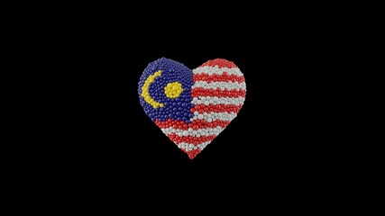 Malaysia National Day. August 31. Independence Day. Heart shape made out of shiny spheres on black background. 3D rendering.