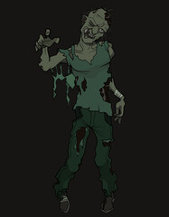 twisted cartoon scary zombie man in torn clothes