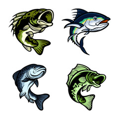 green and blue sea jumping fish, fishing character mascot illustration