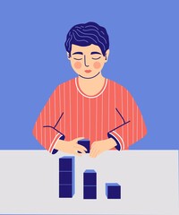 Autism. Children boy play alone as a symptom of mental health disease. Desire to organize. Early signs of syndrome. Cartoon vector character illustration.  
